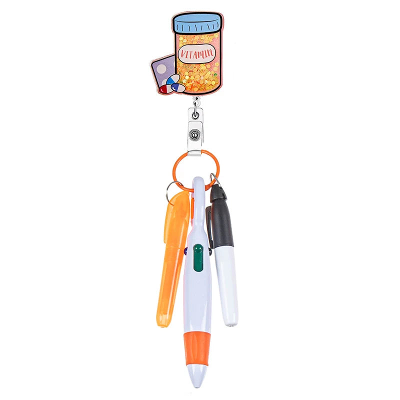 badge reel vitamin bottle with pen set - highlighter, pen, permanent marker