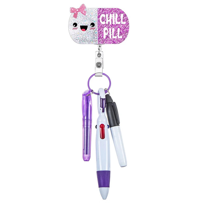 "chill pill" badge reel with pen set - highlighter, pen, permanent marker