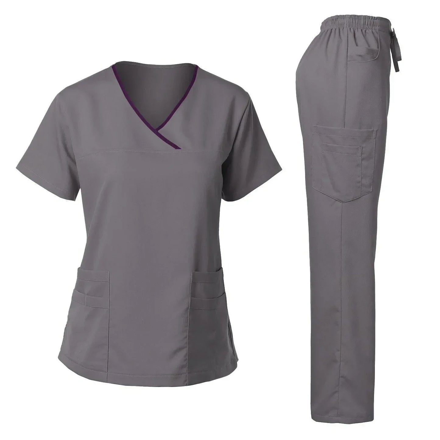 gray scrub set straight leg pants v-neck scrub top