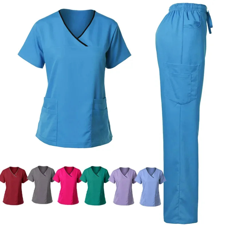 sky blue scrub set straight leg pants v-neck scrub top