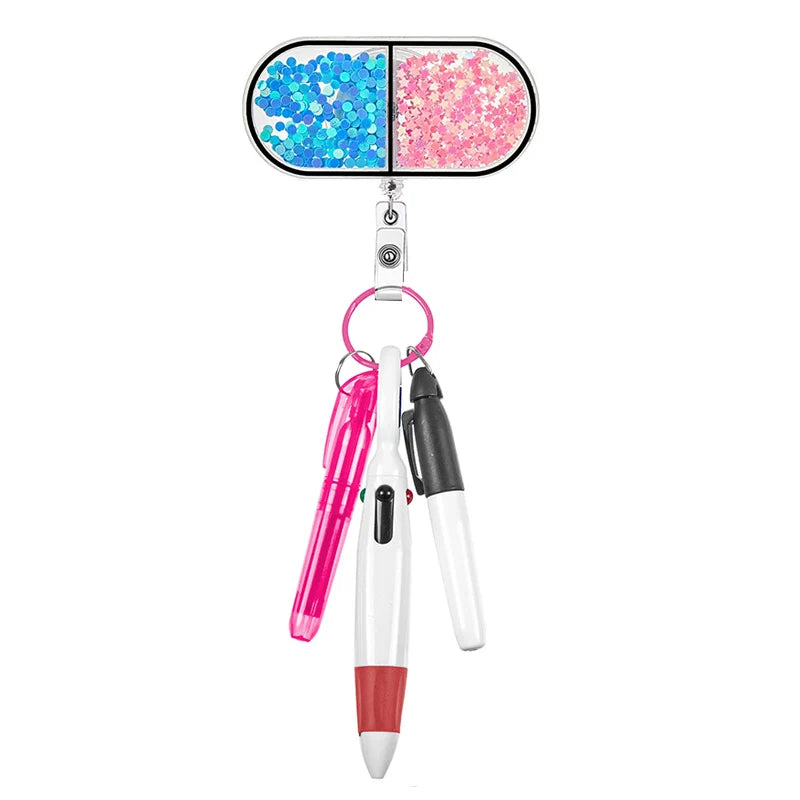 badge reel pill with pen set - highlighter, pen, permanent marker