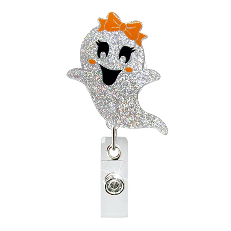 badge reel friendly ghost with bow. Retractable  with alligator clip.