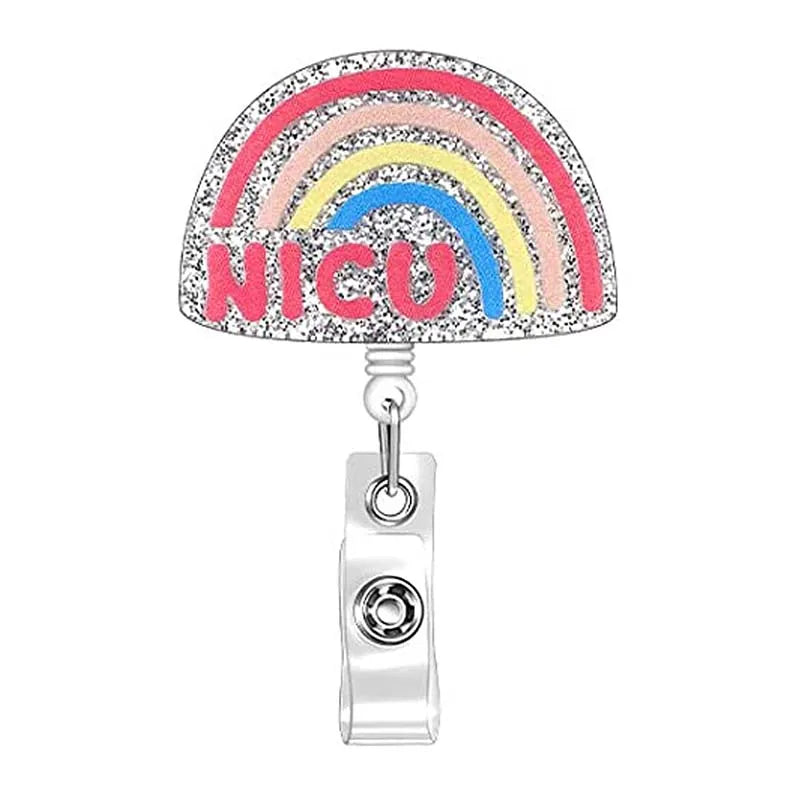 badge reel "NICU" colorful rainbow. Retractable, alligator clip