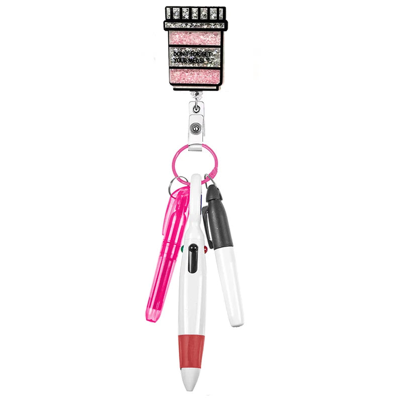 badge reel pill bottle "DON'T FORGET YOUR MEDS!" with pen set - highlighter, pen, permanent marker