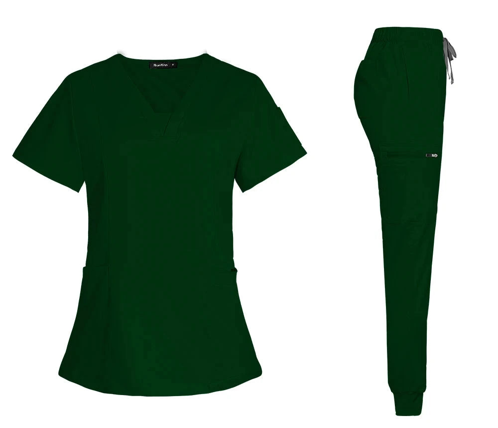 green women scrub set with v-neck top with pockets, jogger-style pants with back, front and side pockets