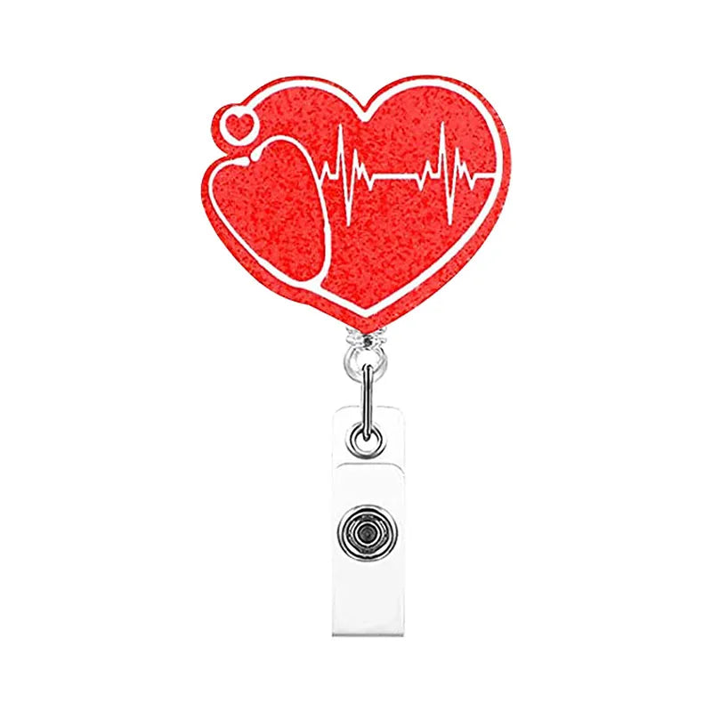 badge reel heart with heart rhythm and stethoscope. Retractable, alligator clip.