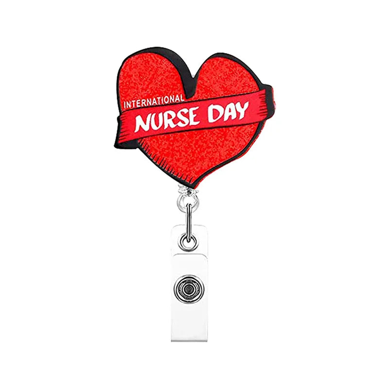 badge reel "international nurse day". Retractable, alligator clip.