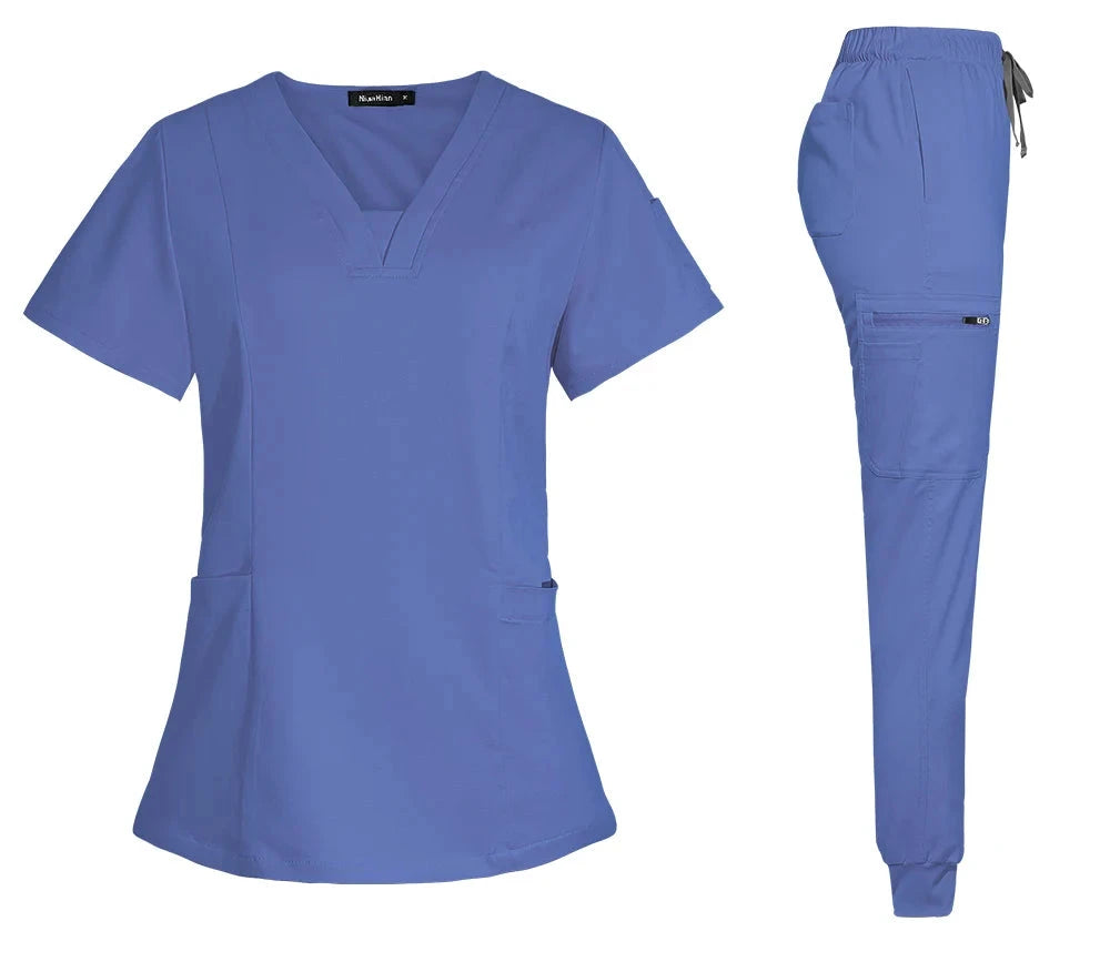 light blue women scrub set with v-neck top with pockets, jogger-style pants with back, front and side pockets