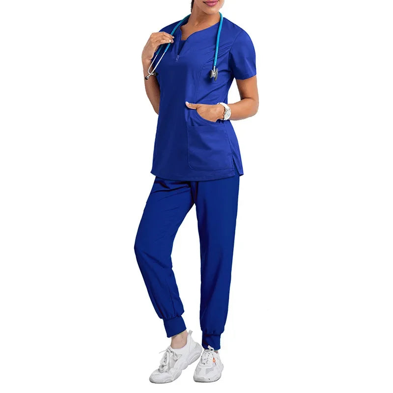 navy blue scrub set. jogger style scrub pant, tunic neckline scrub top