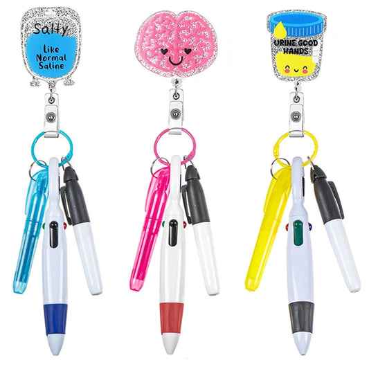 badge reels with pen set - highlighter, pen, permanent marker