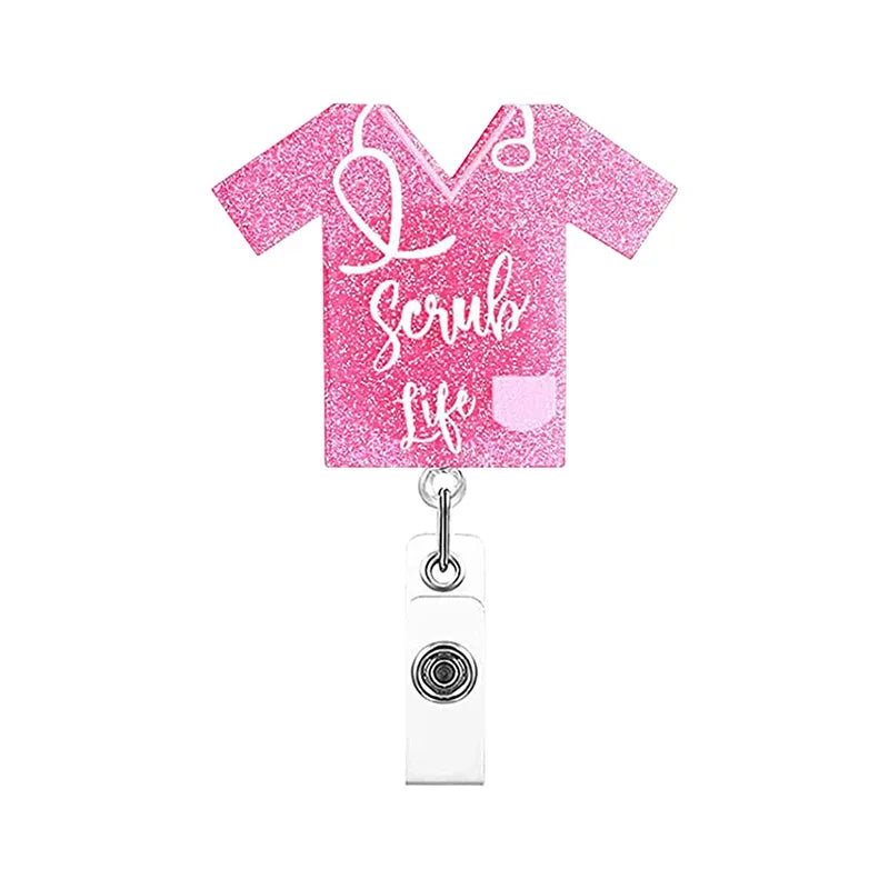 badge reel scrub top "scrub life". Retractable, alligator clip.