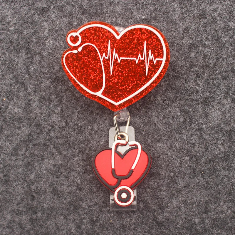 badge reel - heart with stethoscope and EKG. Heart with stethoscope under ID Holder Clasp