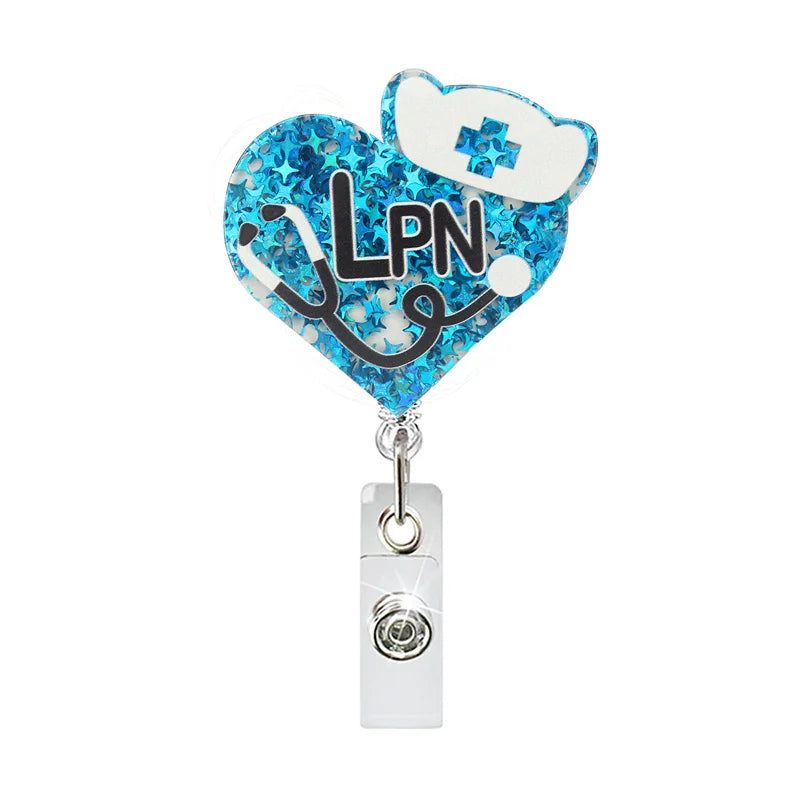 badge reel "LPN" with heart, nurse's hat and a stethoscope. Retractable, alligator clip.