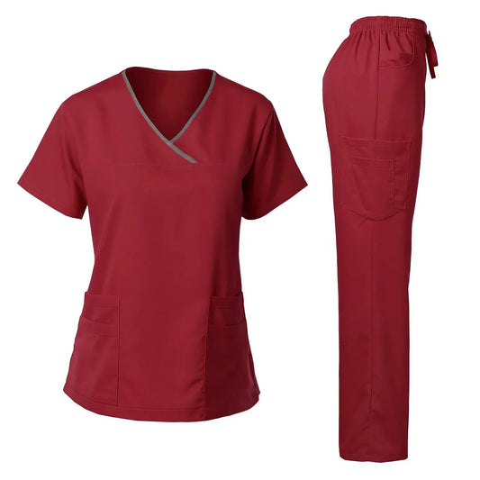 wine red scrub set straight leg pants v-neck scrub top