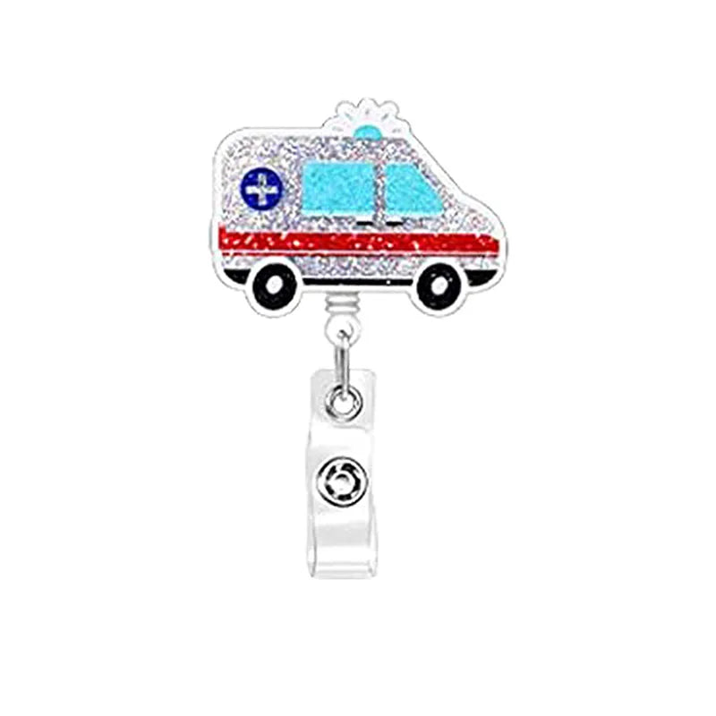 badge reel glittery ambulance with retractable cord with clasp