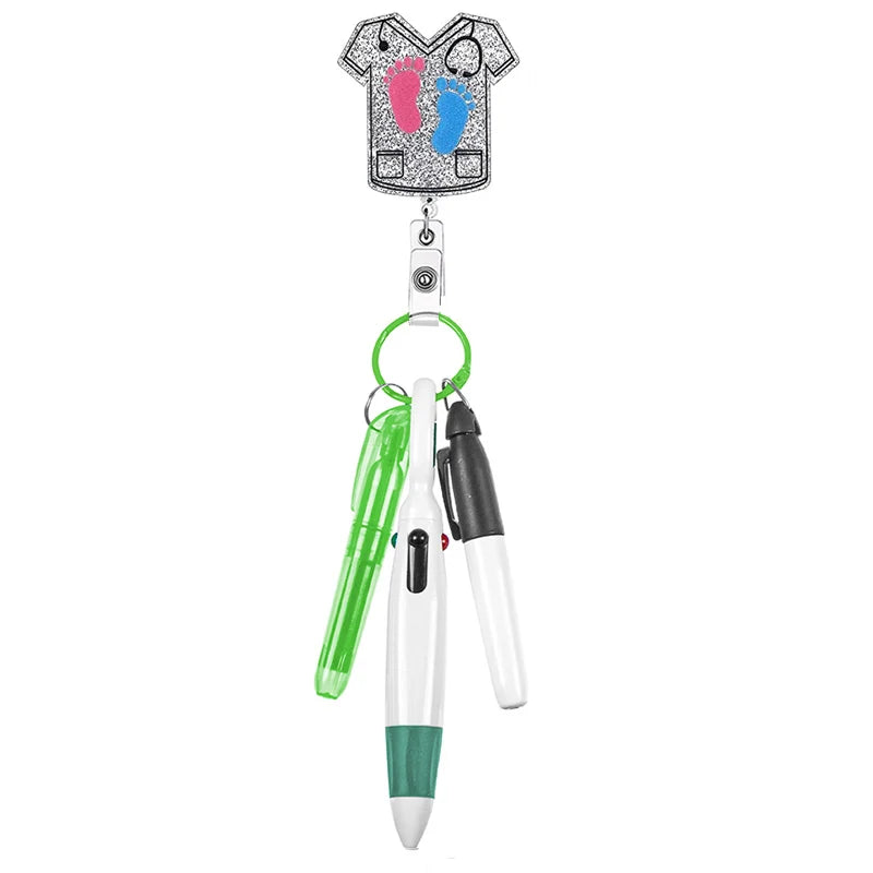 scrub top badge reel with pen set - highlighter, pen, permanent marker