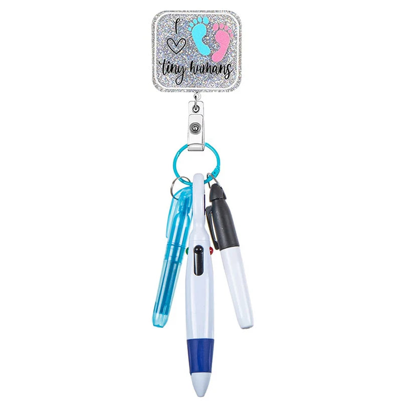 "I love tiny humans" badge reel with pen set - highlighter, pen, permanent marker