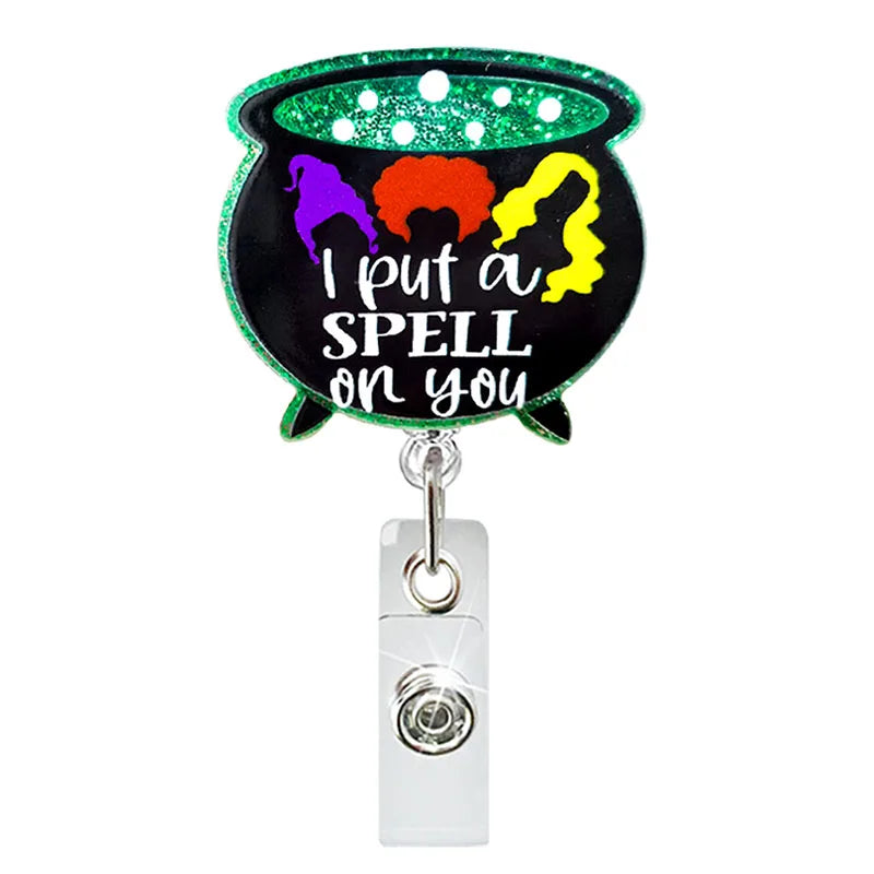 badge reel "I put a spell on you". Retractable  with alligator clip.