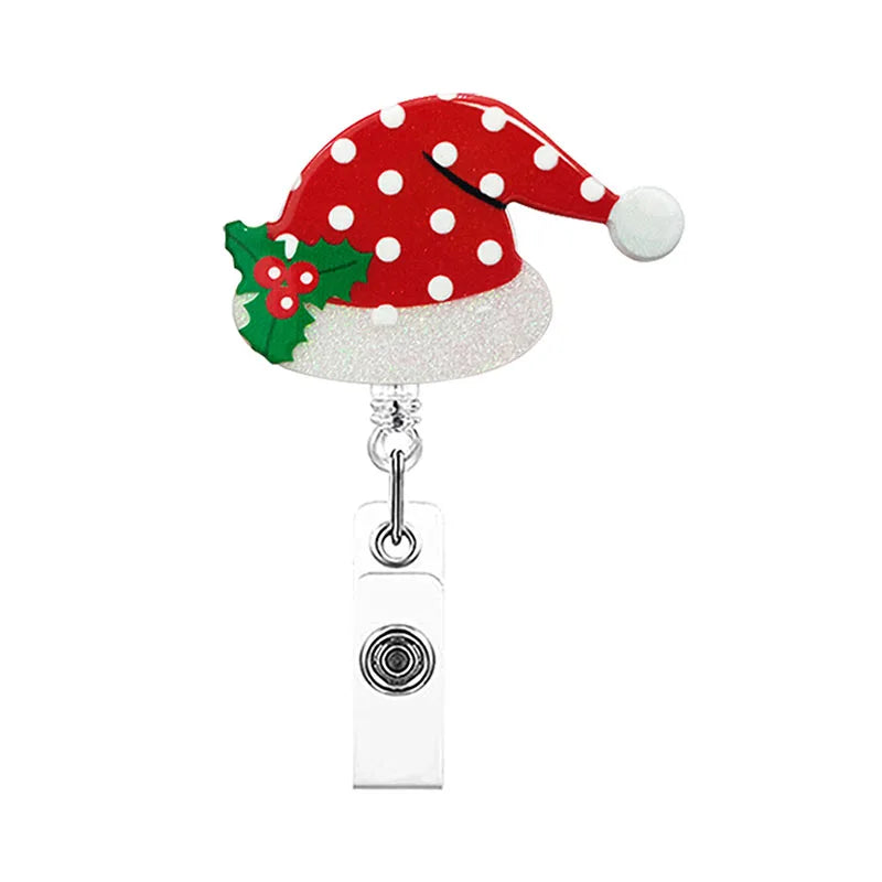 badge reel santa's hat. Retractable, alligator clip.