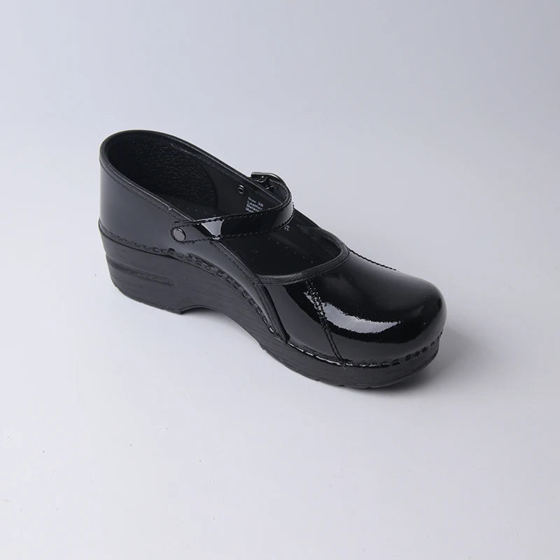 Clogs Women - Shiny Black with Strap