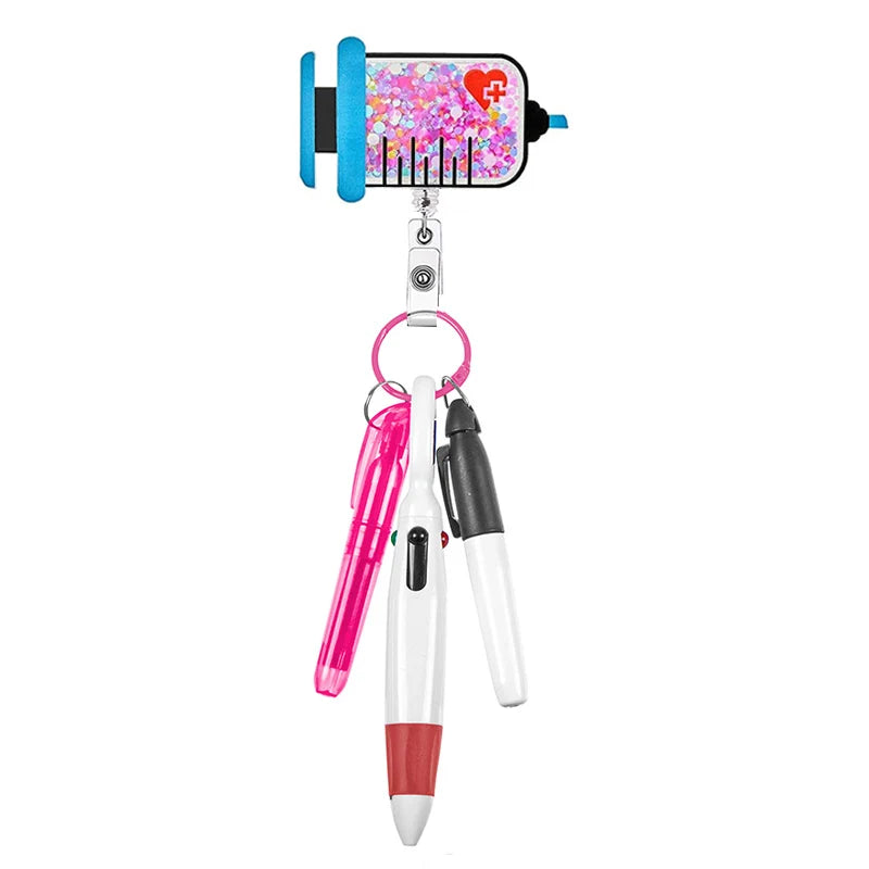 badge reel syringe with confetti inside with pen set - highlighter, pen, permanent marker