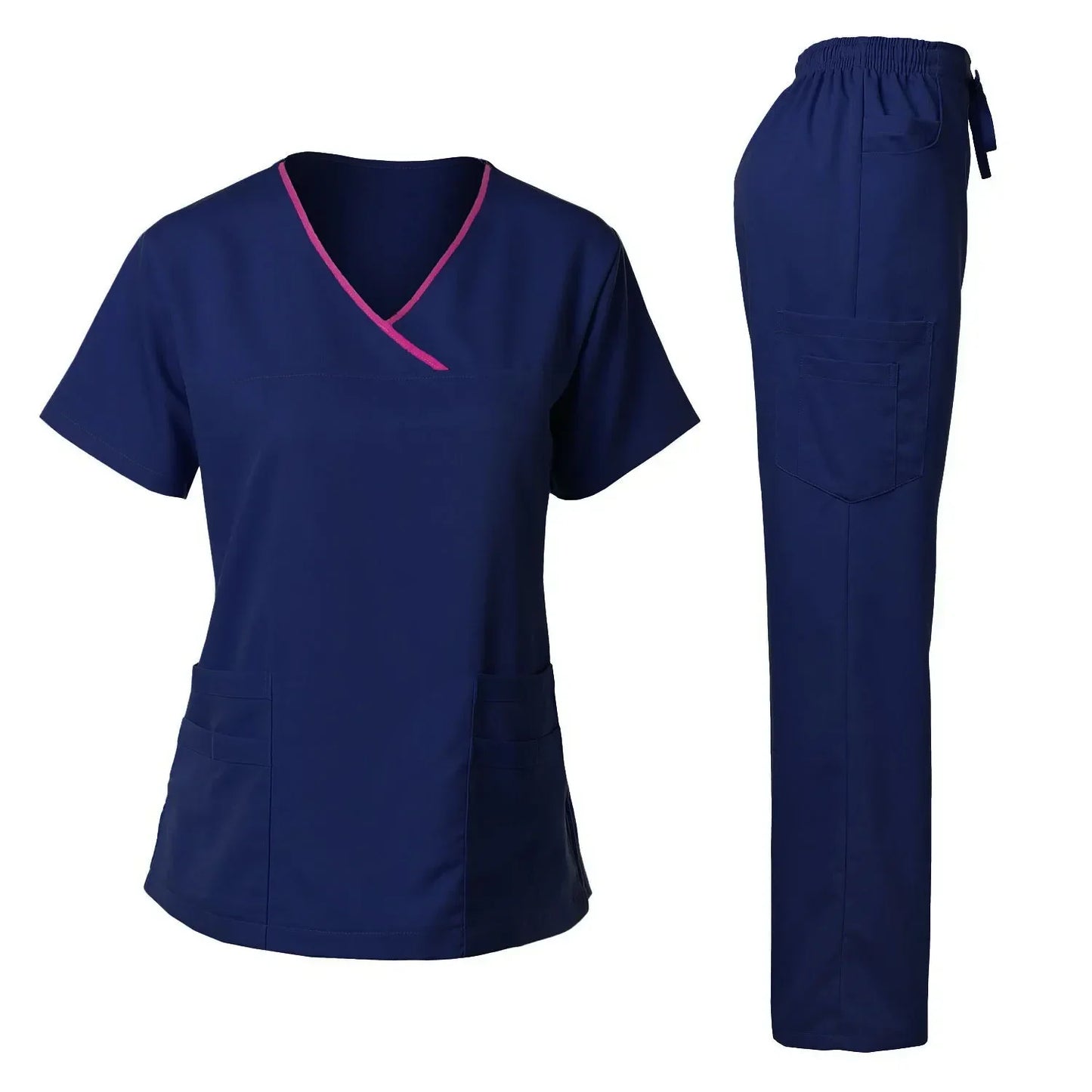 navy  scrub set straight leg pants v-neck scrub top