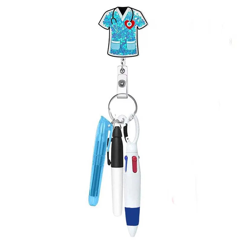 badge reel scrub top with pen set - highlighter, pen, permanent marker