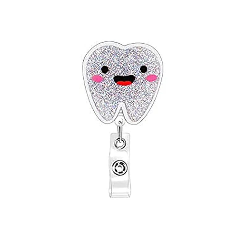 badge reel glittery tooth with retractable cord with clasp