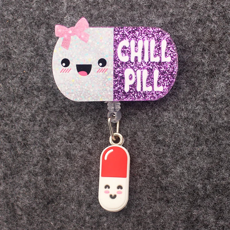 badge reel - chill pill with a smiley face with a bow