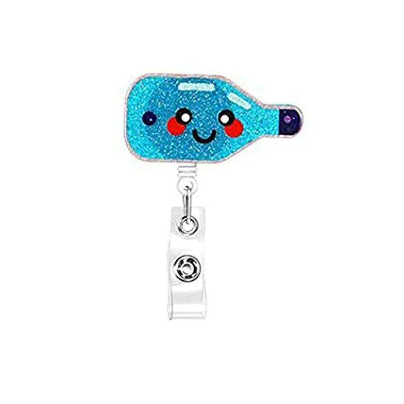 badge reel glittery bottle with retractable cord with clasp