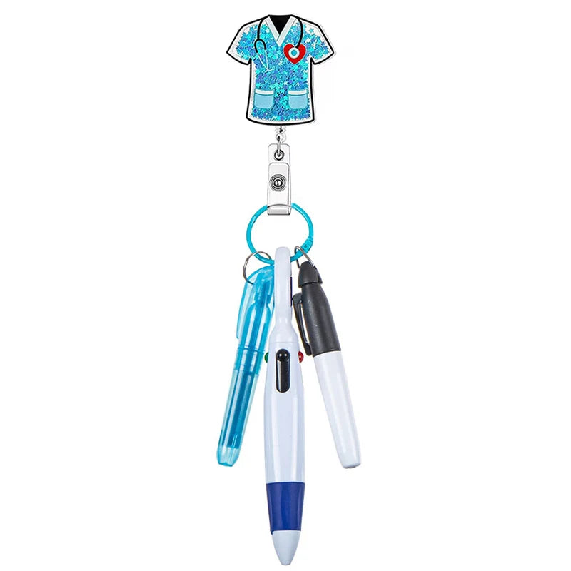 badge reel scrub top with pen set - highlighter, pen, permanent marker