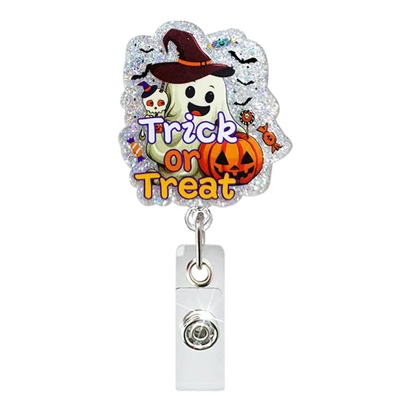 badge reel "trick or treat". Retractable  with alligator clip.