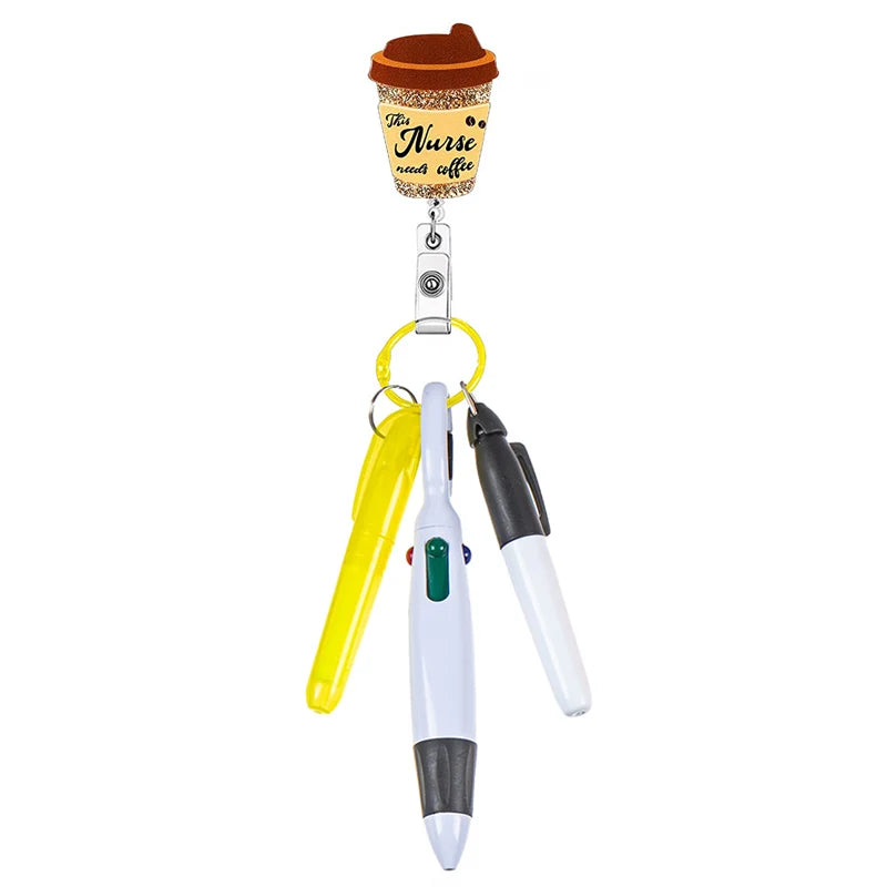 "this nurse needs coffee" badge reel with pen set - highlighter, pen, permanent marker