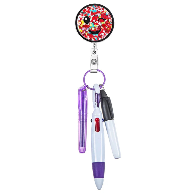 badge reel winky face emoji with confetti inside with pen set - highlighter, pen, permanent marker