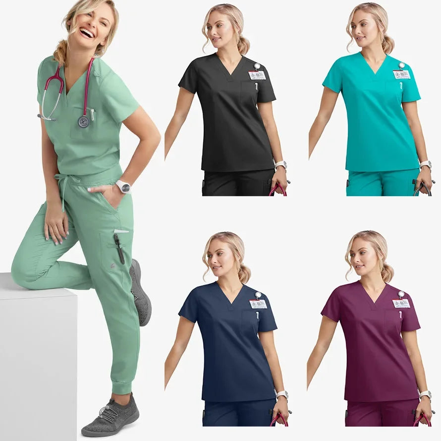 model wearing scrub set in a variety of colors. V neck, jogger-style pants with elastic waistband and adjustable drawstrings