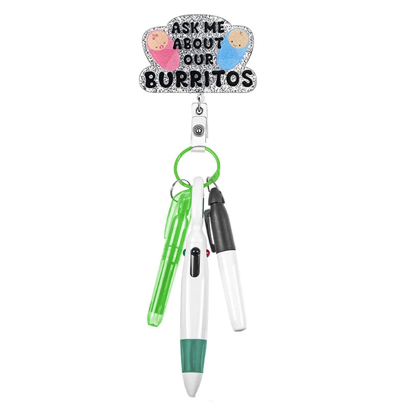 "ask me about our burritos" badge reel with pen set - highlighter, pen, permanent marker