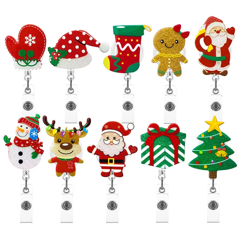 a variety of christmas badge reels - christmas mit, santa hat, christmas stocking, gingerbread man cookie, santa claus, snowman, reindeer, gift box, christmas tree