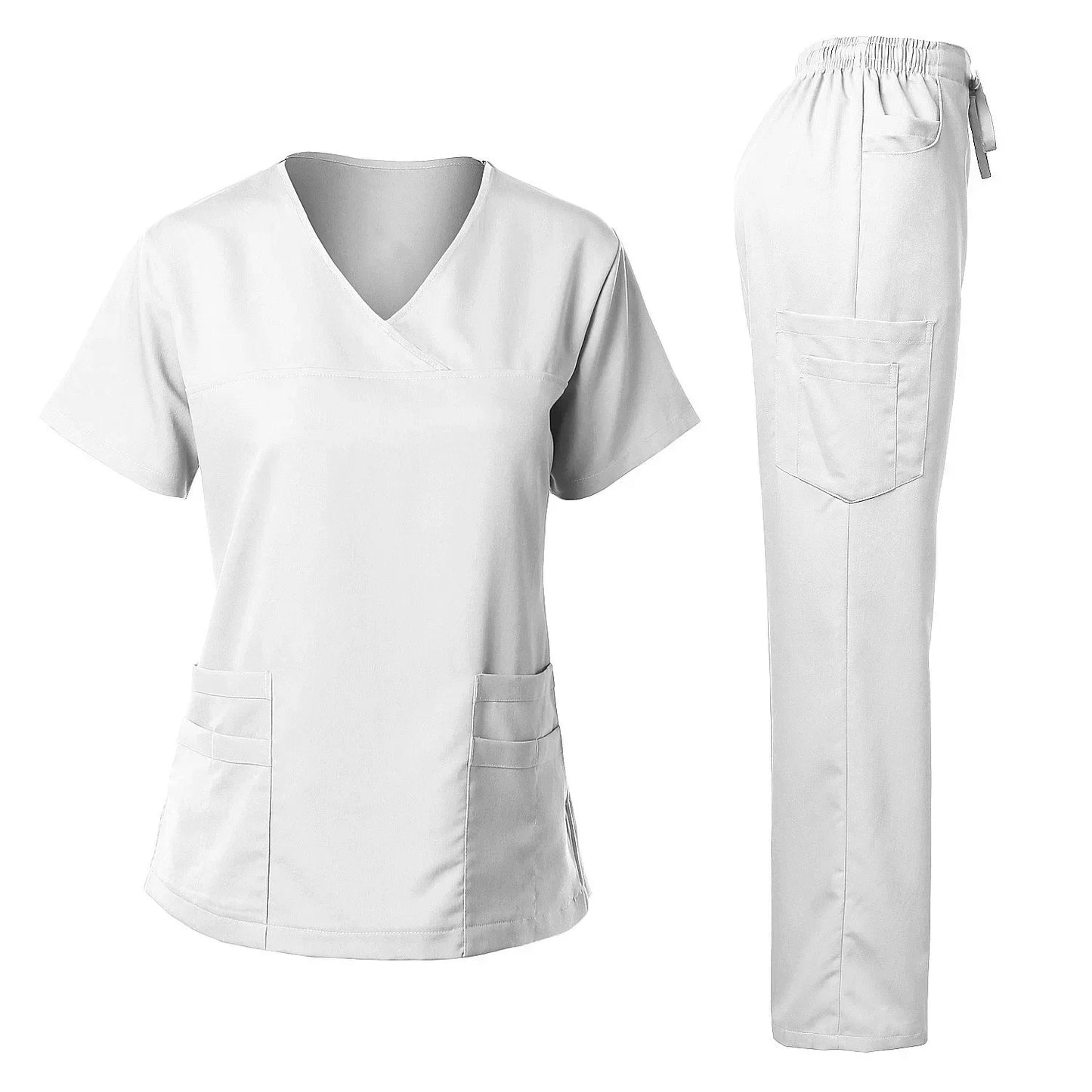 white scrub set straight leg pants v-neck scrub top