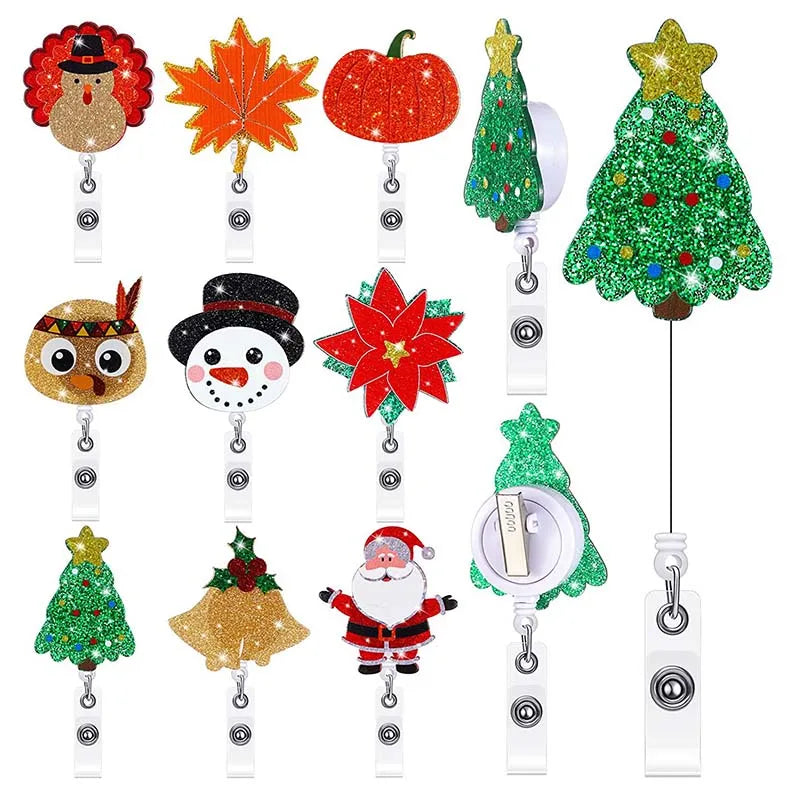 A variety of holiday badge reels - turkey, leave, pumpkin, christmas tree, snowman, poinsettia, bells, santa claus 