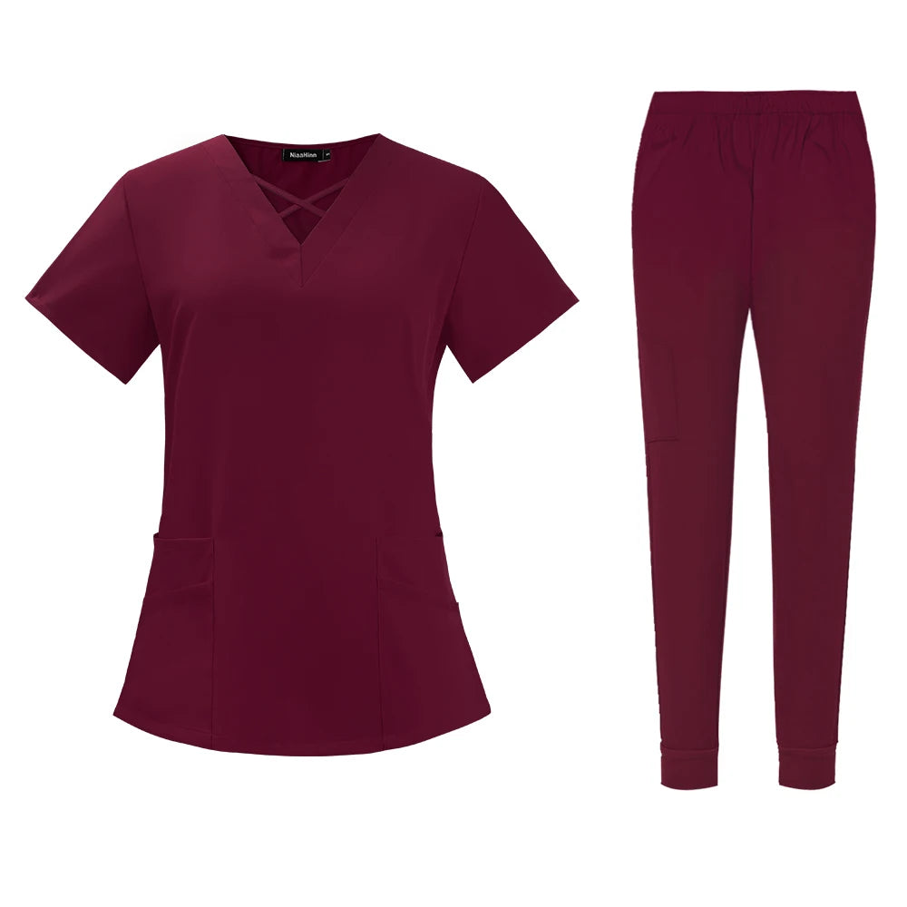 criss cross neck design scrub top with jogger style scrub pants scrub set burgundy