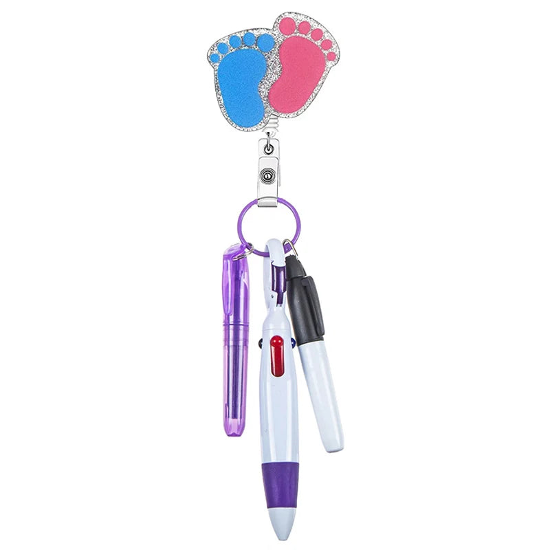 baby feet badge reel with pen set - highlighter, pen, permanent marker