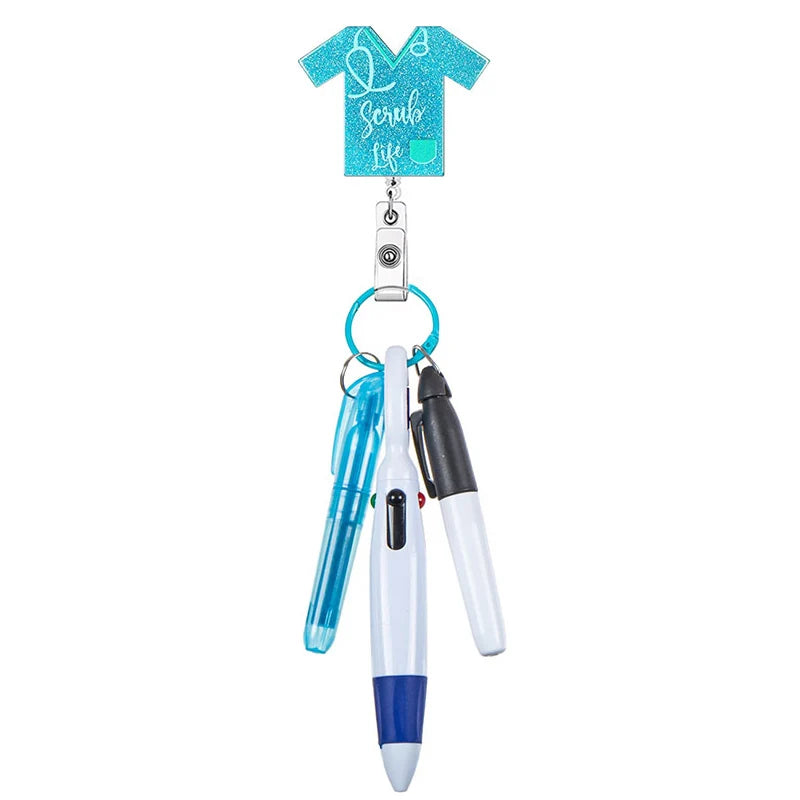 "scrub life" badge reel with pen set - highlighter, pen, permanent marker