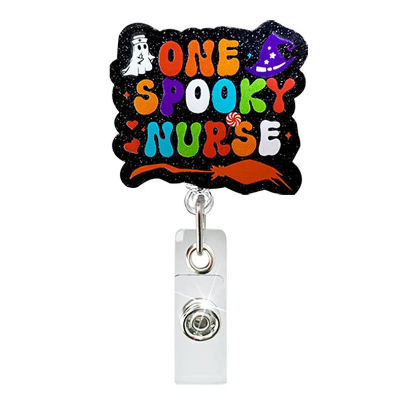 badge reel "one spooky nurse". Retractable  with alligator clip.