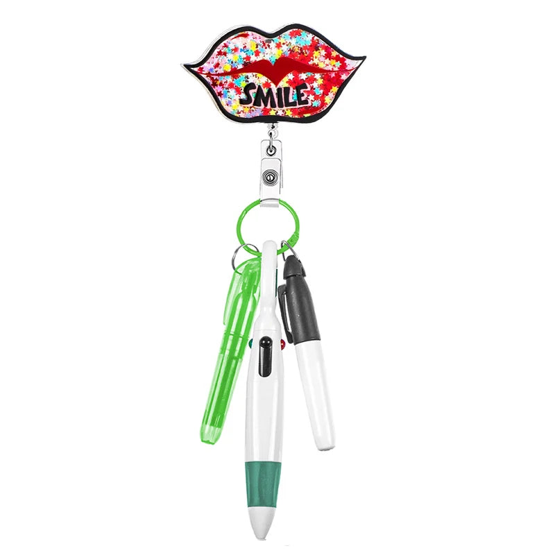 badge reel "smile" lips with pen set - highlighter, pen, permanent marker