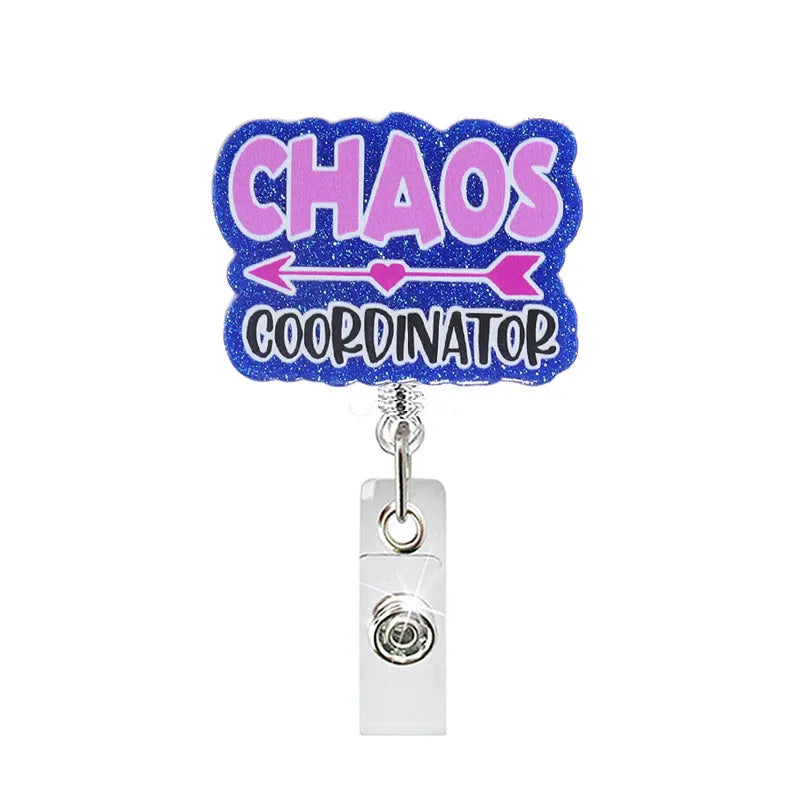 badge reel "chaos coordinator". Retractable, alligator clip.