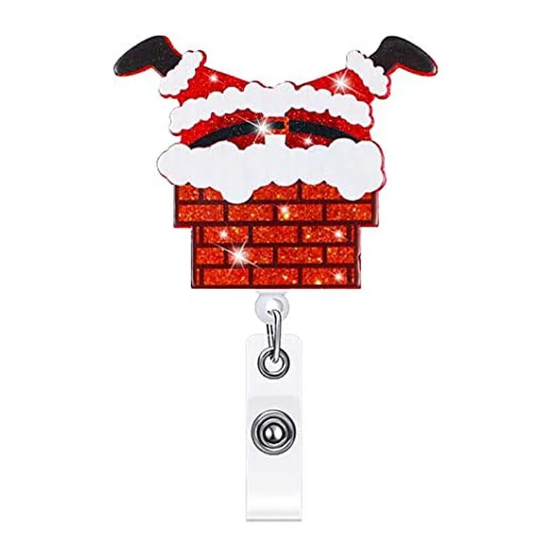 badge reel santa stuck in the chimney. Retractable  with alligator clip.