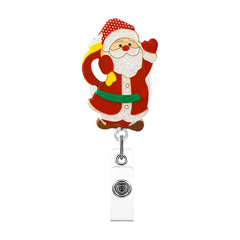 badge reel santa claus with gifts Retractable, alligator clip.