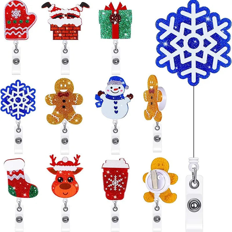 a variety of christmas badge reels - mittens, santa down chimney, gift, snowflake, gingerbread man, snowman, reindeer, coffee cup. Retractable  with alligator clip