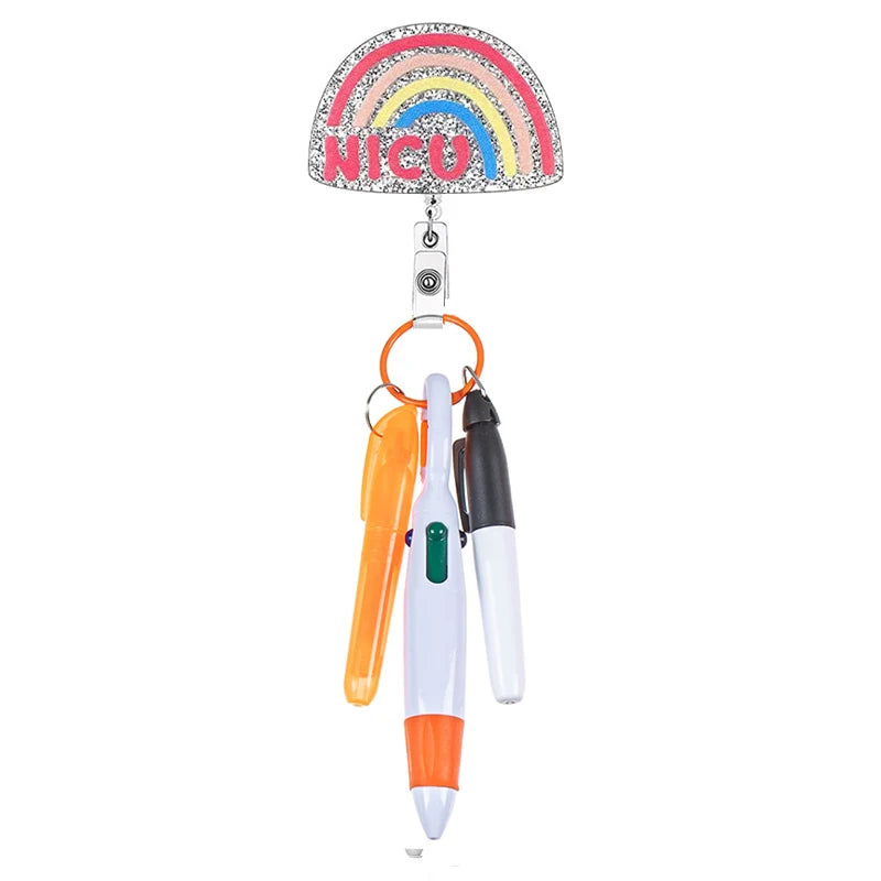 rainbow "NICU" badge reel with pen set - highlighter, pen, permanent marker