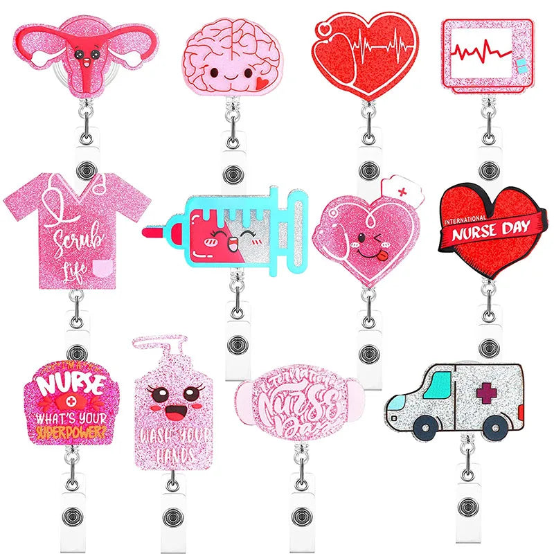 a variety of badge reels - cervix, brain, EKG, scrub life, syringe, heart with stethoscope, nurse day, nurse what's your superpower?, wash your hands, nurse day, ambulance